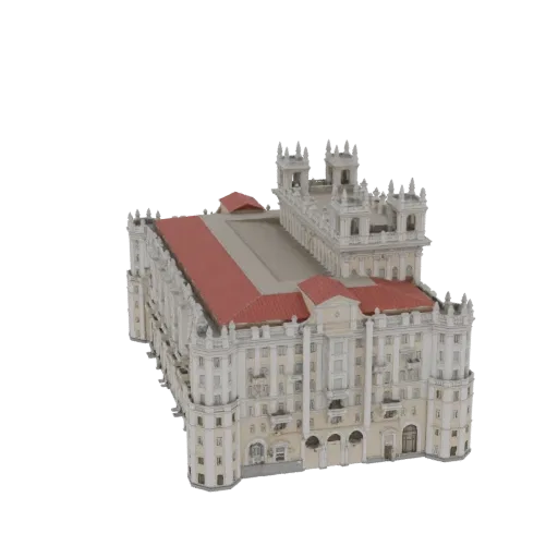 3D model of a grand Stalinist skyscraper with a red roof and ornate white facade, set against a white background.