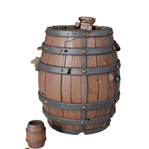 Pirate Barrel Stylized 3D model, stylized isometric render, showing wood planks, stackable massing.