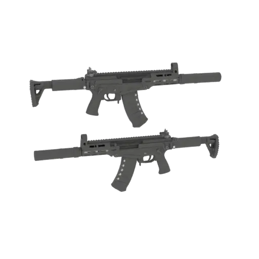 3D model of a modern assault rifle with a suppressor and tactical handguard, shown from two angles.