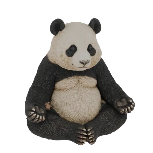 3D model of a panda bear sitting in a meditative lotus pose with eyes closed, black and white fur, detailed paws.