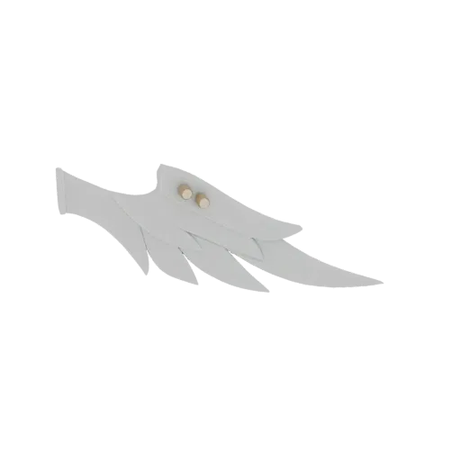 A 3D model of a light gray feathered wing with small gold studs at its base, presented against a black background.