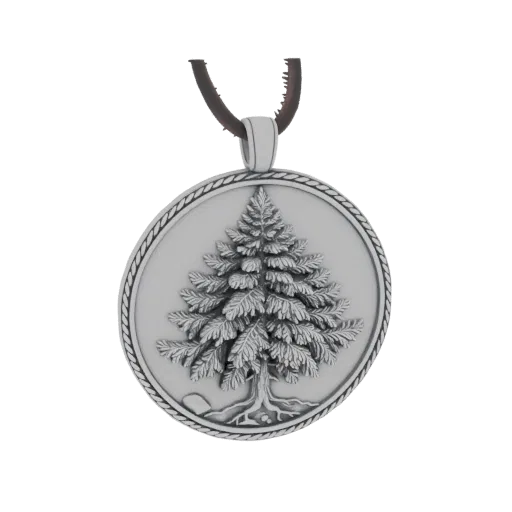 Modèle 3D de pendentif rond avec design de pin détaillé, branches texturées, racines et bordure corde.