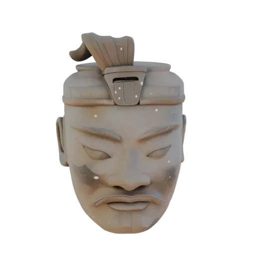 3D model of a Terracotta Army warrior mask, styled as a clay sculpture, with detailed facial features and headdress.