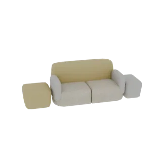 3D-Modell eines modernen Modulsofas mit beigen Sitzen, gelber Rückenlehne und passendem Hocker und Armlehne, vor weißem Hinte