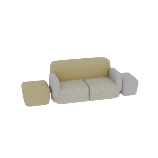 3D model of a modern modular sofa with beige seats, yellow backrest, and a matching ottoman and armrest, set against a white