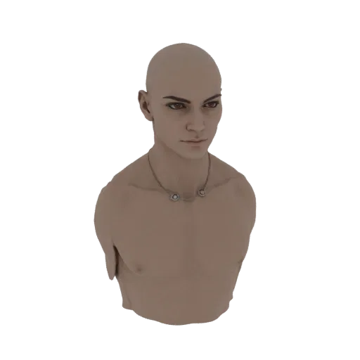 Rendering 3D di un busto maschile calvo con viso dettagliato e collana argentata, presentato su sfondo bianco.