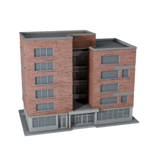 Modello 3D realistico Eco House, vista esterna a tre quarti, che mostra materiali dell'edificio residenziale e dettagli archi