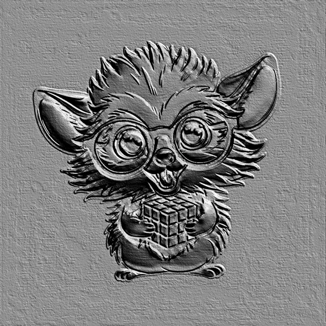 3D-Reliefmodell eines niedlichen Igels mit Brille, der einen Würfel hält, auf grauem Hintergrund.