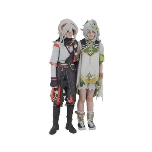 3D model of two anime characters in cosplay, one in white and red, the other in white and green, standing together.
