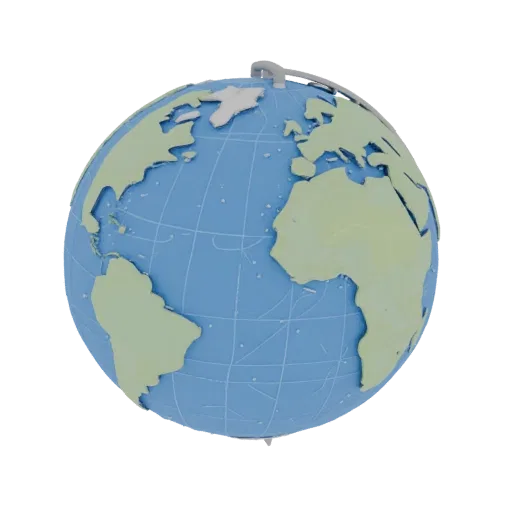 Modèle 3D du globe terrestre avec continents clairement visibles et grille de méridiens et parallèles sur fond d'océan bleu.