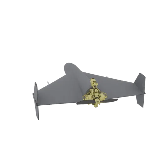 3D model of a grey steampunk biplane with a golden pilot figure in the cockpit, set against a black background.
