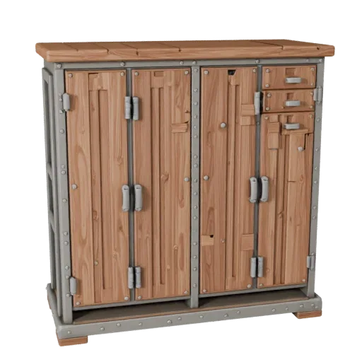 Industrial Cabinet Stylized 3D model, dining room, stylized isometric render, painted wood detail.
