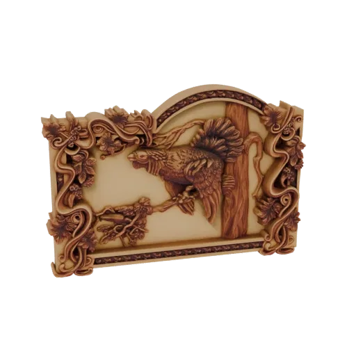 3D model of a rooster in relief carving, surrounded by vines and a tree, with ornate framing.