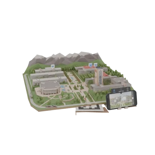 A low-poly 3D model of a university campus with mountains, trees, buildings, and a smartphone showing an AR view.