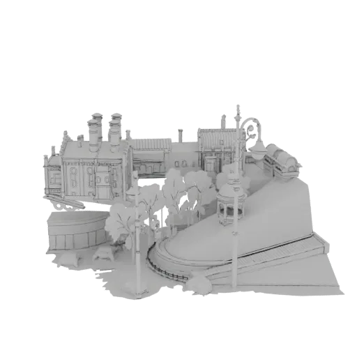 3D model of a European town square with a gazebo, factory, trees, and streetlights, presented in a white, sketch-like style.