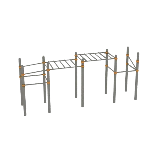 3D model of an outdoor fitness equipment set with monkey bars and parallel bars, rendered against a black background.