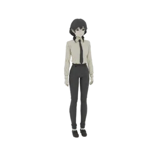 Modelo 3D de uma garota anime usando camisa branca social, gravata preta e calças cinzas, em pé.