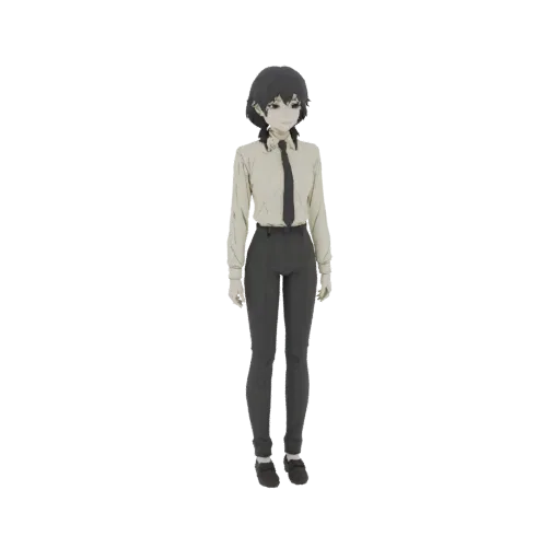 3D model of an anime girl wearing a white button-up shirt, black tie, and grey trousers, standing upright.
