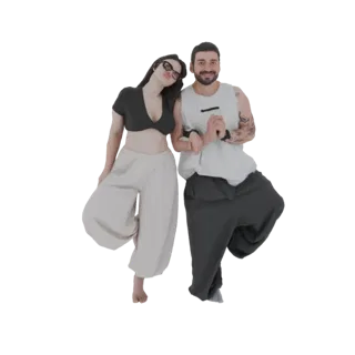 3D model of a couple in a balanced yoga pose, with the man standing and the woman leaning.