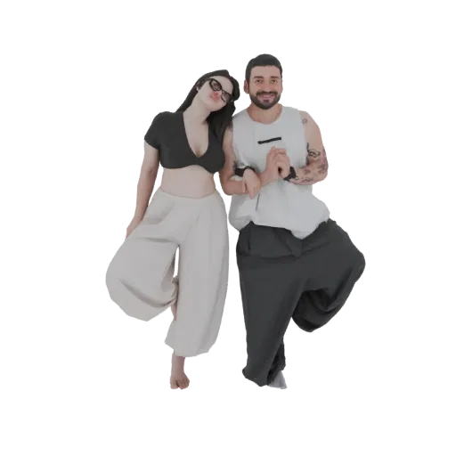 3D model of a couple in a balanced yoga pose, with the man standing and the woman leaning.
