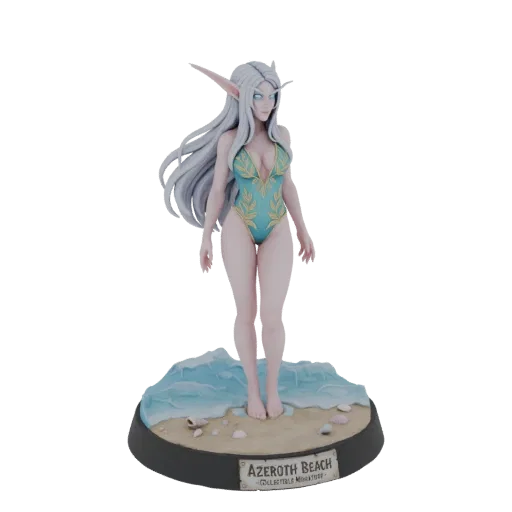 3D-Modell einer weiblichen High Elf Figur im türkisfarbenen Badeanzug, stehend auf einer Strandbasis mit Wellen und Muscheln.
