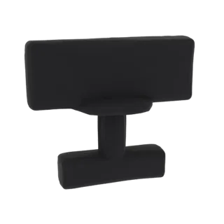 Un rendering 3D di un supporto minimalista nero per monitor con base e piattaforma rettangolari, isolato su uno sfondo bianco