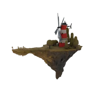 3D model of a floating island with a red and white windmill, stylized trees, and a wooden fence, set against a white backgrou