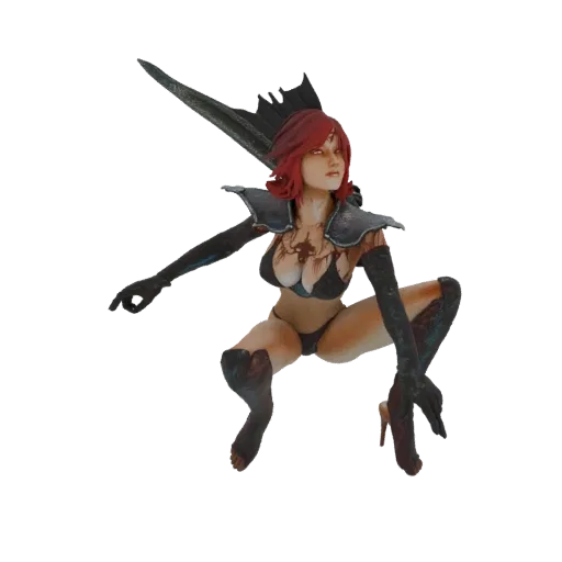 Modèle 3D d'une sorcière sombre aux cheveux roux, portant une armure sombre et une épée, en pose accroupie.