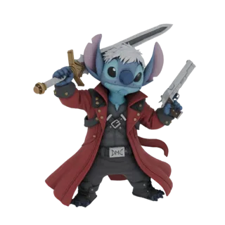 3D-Modell von Stitch aus Lilo & Stitch, verkleidet als Dante aus Devil May Cry, mit einem Schwert und zwei Pistolen.
