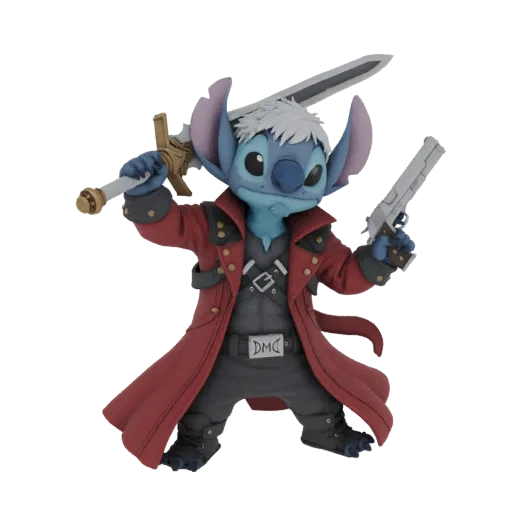 Modelo 3D de Stitch de Lilo & Stitch vestido como Dante de Devil May Cry, segurando uma espada e duas pistolas.