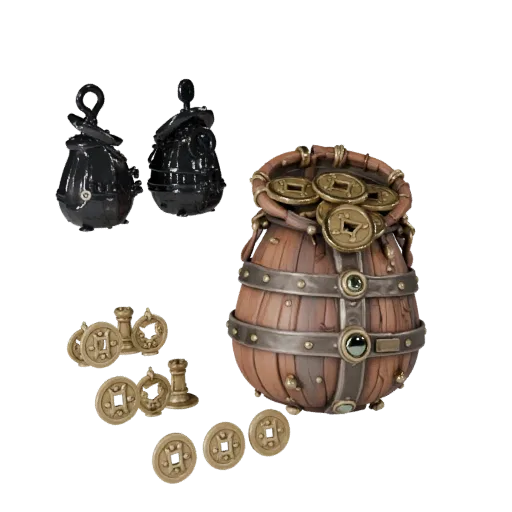 Fantasy Coin Pouch 3D model, three-quarter front view, Unreal Engine viewport, showing aged wood, form detail.
