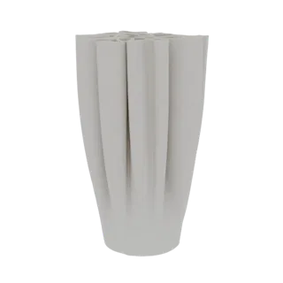 Uma renderização 3D de um vaso canelado cinza claro com forma orgânica e fluida, contra um fundo branco.