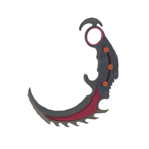 3D model of a fantasy karambit knife with a curved blade, serrated edge, and a dark gray handle with orange accents.