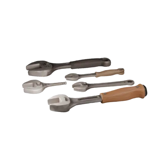 Worn Wrench 3D model, three-quarter front view, Unreal Engine viewport, showing painted metal, functional silhouettes.