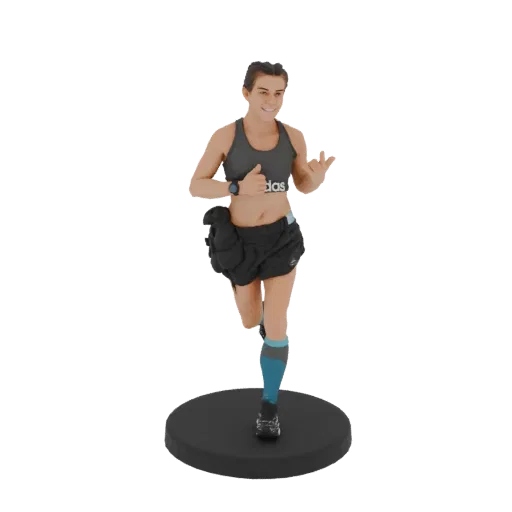 3D model of a female runner in motion, wearing a sports bra, shorts, and a hydration pack, with one hand giving a thumbs-up.