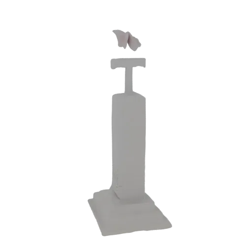A 3D render of a stylized white candle with a pinkish, flickering flame on a black background.