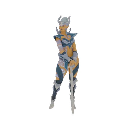 Modello 3D di una donna guerriera fantasy con armatura blu e argento, corna e spada, in posa dinamica.