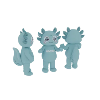 Uma renderização 3D de um personagem mascote axolote azul adorável, mostrado de três ângulos diferentes, com olhos grandes e