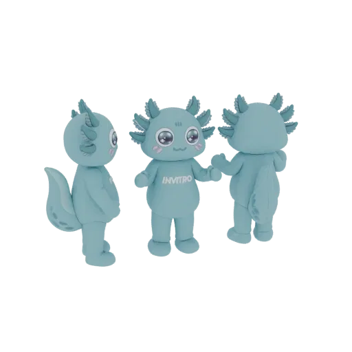 A 3D render of a cute blue axolotl mascot character, shown from three different angles, with large eyes and 'INVITRO' text on
