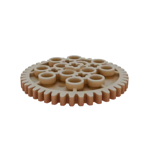 3D model of a tan industrial gear with a complex, multi-lobed inner hub, set against a black background.