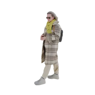 Modello 3D di una donna con cappotto a quadri, sciarpa gialla, pantaloni beige e sneakers, in piedi con uno zaino.