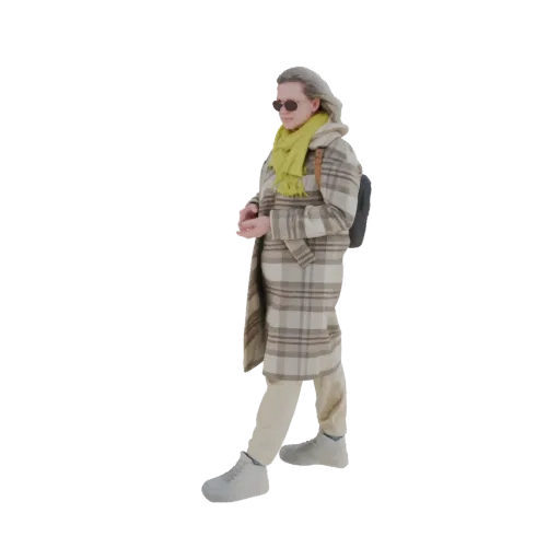 Modello 3D di una donna con cappotto a quadri, sciarpa gialla, pantaloni beige e sneakers, in piedi con uno zaino.