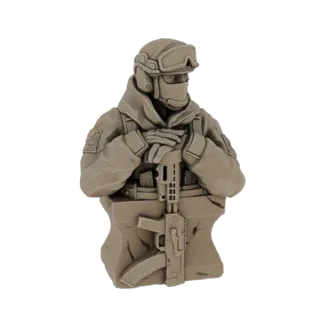 3D model of a modern soldier bust wearing a helmet and tactical gear, holding a rifle.