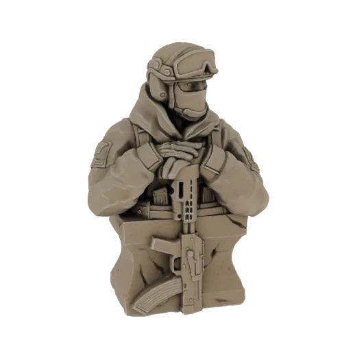 3D model of a modern soldier bust wearing a helmet and tactical gear, holding a rifle.