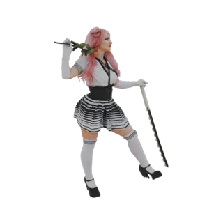 3D model of an anime girl with pink hair, wearing a sailor-style outfit, holding a rose and a katana.