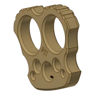 Render 3D de uma arma soco em formato de caveira, com dois grandes furos para os dedos e características faciais detalhadas.