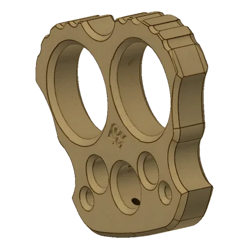 3D render of a brass knuckle weapon shaped like a skull, with two large finger holes and detailed facial features.