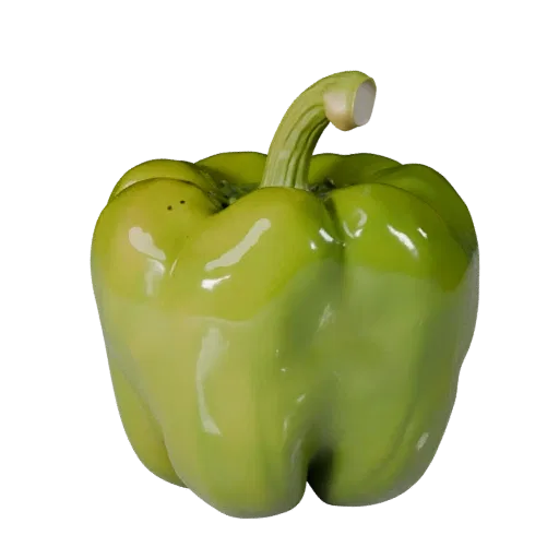 Market Bell Pepper 3D model, three-quarter front view, AR viewer studio render, showing leaf veins, form detail.