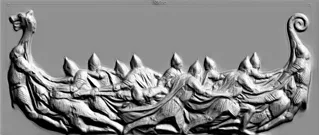 3D model of a relief depicting Vikings rowing a drakkar, with detailed figures and ship elements.