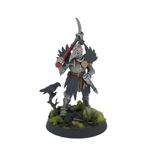 3D model of a Plague Doctor Warrior miniature with a scythe and a raven on a mossy base.